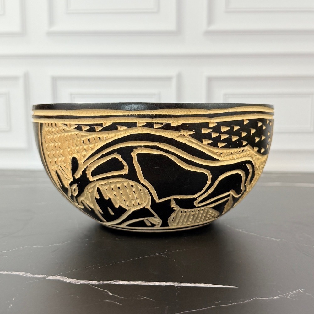 Hand Carved African Ghana Wood Bowl Gye Nyame Giraffe Symbols 7"